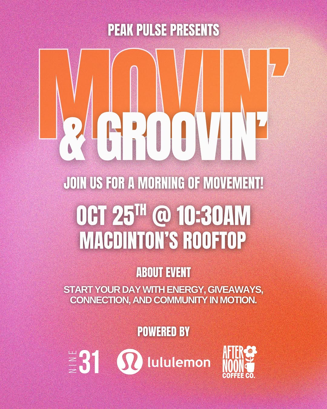 lululemon is taking over the rooftop at MacDinton's \ud83e\uddd8\u200d\u2640\ufe0f\n\nJoin us for a morning of movement, community, party, and cold plunges\n\n\ud83c\udf9f\ufe0f Your $10 Ticket Includes:\n\ud83e\uddd8\u200d\u2640\ufe0f lululemon Giveaway Entry (multiple prizes, outfits, and more!)\n\u2615\ufe0f Latte, Matcha, or Coffee from Afternoon Coffee\n\ud83e\udd42 Or a Drink from MacDinton's\n\ud83e\uddf4 Wellness Kits from Good Molecules\n\ud83c\udf49 LMNT Hydration + \ud83c\udf4c Fruit & Snacks\n\ud83c\udfb6 Live DJ + Rooftop Energy\n\ud83d\udca8 2-Mile Run or 1-Mile Walk\n\ud83e\uddca Cold Plunge Experience\n\nRun \u2192 Rooftop \u2192 Party.\n\ud83c\udf9f\ufe0f Tickets: $10 \u2014 Link in bio.